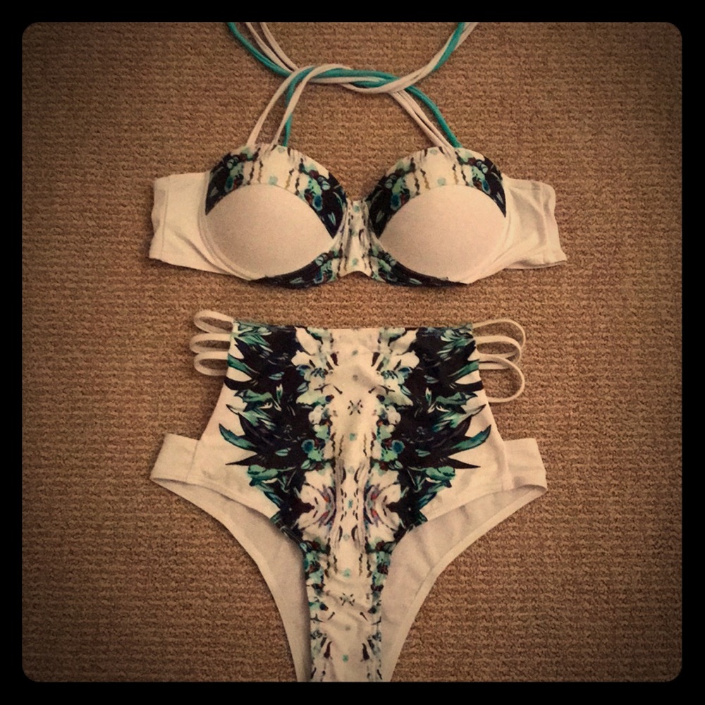 Blue and white slit bikini